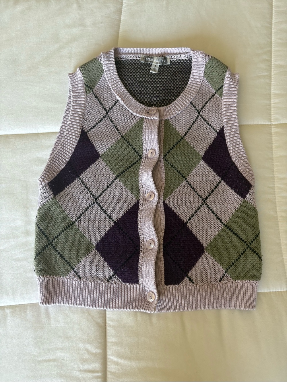 Argyle Knit Button-Front Vest Sweater in Lavender, Olive & Plum